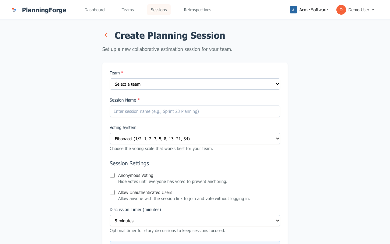 Session Creation Form
